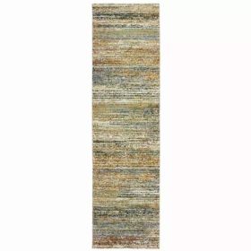 8' Distressed Gold and Green Abstract Indoor Runner Rug