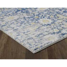7' Blue Grey Machine Woven Distressed Transitional Floral Design Indoor Runner Rug