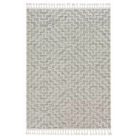 8' Ivory Grey Geometric Polyester Runner Rug