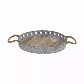 16" Rustic Round Grey Wash Metal and Wood Tray